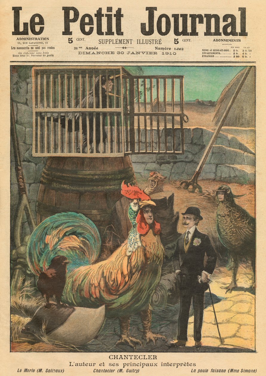 `` Chantecler &39;&39; ، المؤلف Edmond Rostand وممثلوه الرئيسيون ، رسم توضيحي من `` Le Petit Journal &39;&39; ، ملحق illustre ، 30 يناير 1910 بواسطة المدرسة الفرنسية