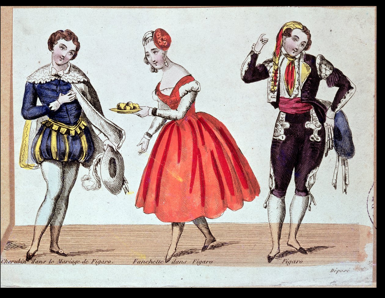 Cherubino و Fanchette و Figaro ، مشهد من "زواج فيغارو" بقلم بيير أوجوستين كارون دي بومارشيه (1732-1997) 1784 بواسطة المدرسة الفرنسية