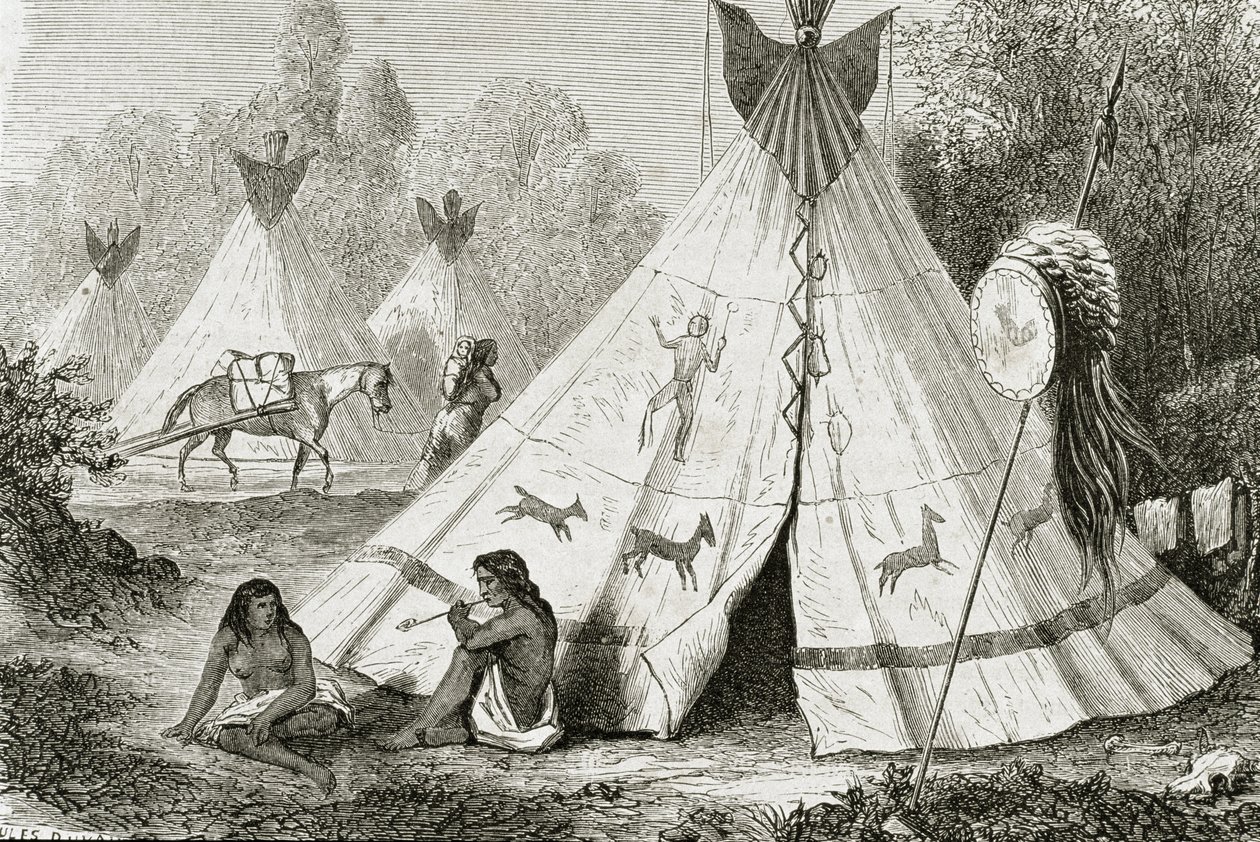 Comanche Indian Camp في خمسينيات القرن التاسع عشر ، من "Le Tour du Monde" ، نُشر في باريس ، 1860 بواسطة المدرسة الفرنسية