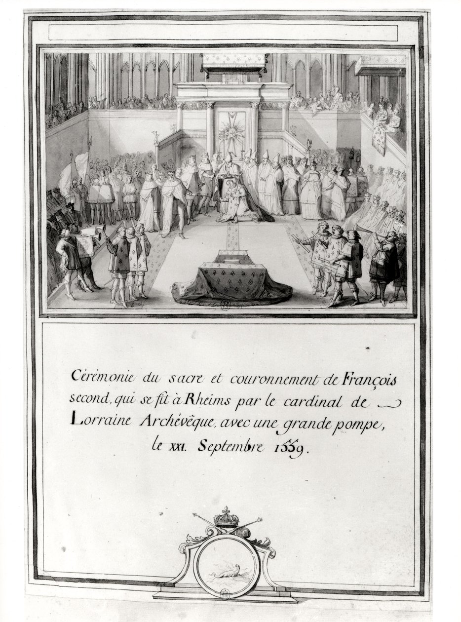 تتويج فرانسيس الثاني (1544-1560) ، 21 سبتمبر 1559 في ريمس من قبل المطران الكاردينال دي لورين بواسطة المدرسة الفرنسية
