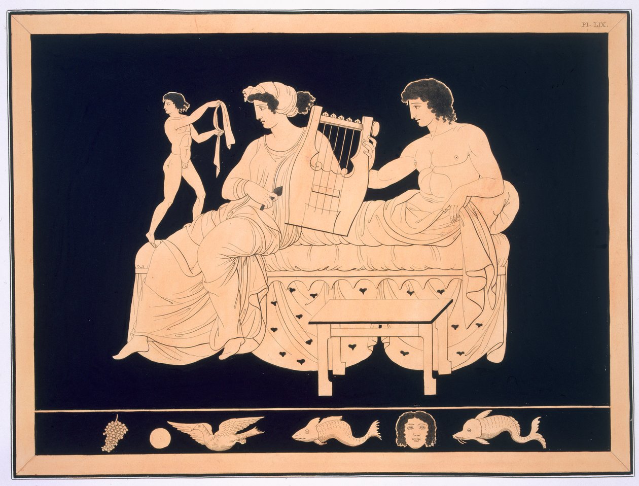 زوجان يسترخان مع قيثارة ، تم نشره 1808-10 88: رسم توضيحي من غلاف Peintures de Vases Antiques Vulgairement Appeles Etrusques بواسطة Aubian Louis Millin de Grandmaison ، مع أنا بواسطة المدرسة الفرنسية