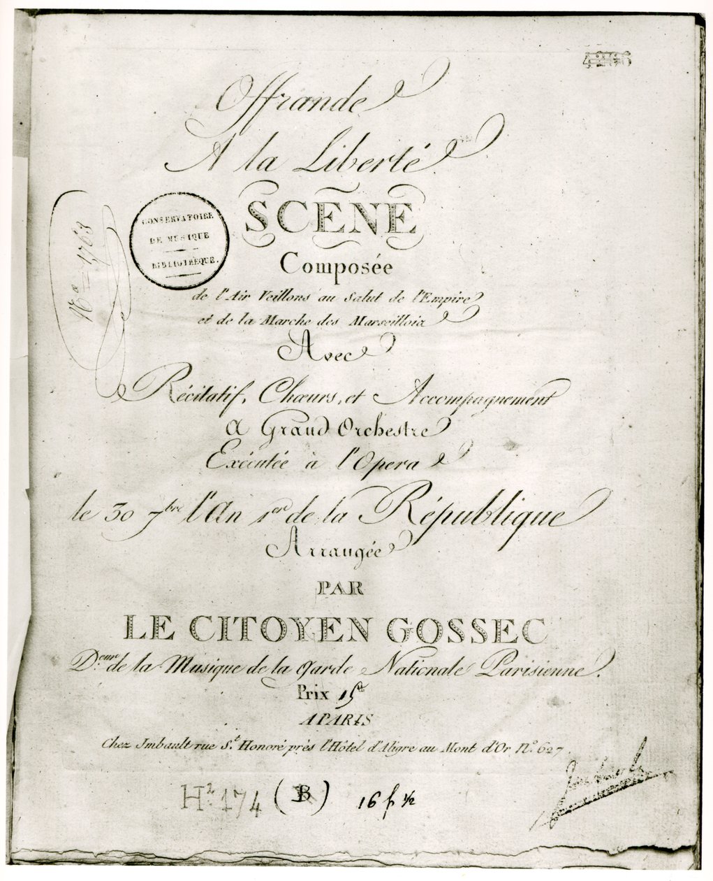 تغطية لدرجة "Offrande a la Liberte" مرتبة من قبل فرانسوا جوزيف جوسيك (1734-1829) وأداء في دار الأوبرا 30 سبتمبر الأول ، 1792 بواسطة المدرسة الفرنسية