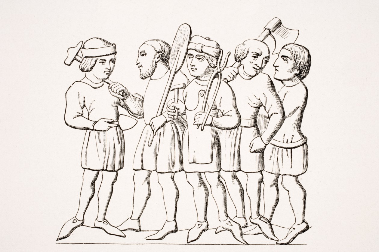 الحرفيين ، استنساخ صورة مصغرة في مخطوطة من القرن الرابع عشر ، من "Le Moyen Age et La Renaissance" بقلم بول لاكروا (1806-1884) نشر عام 1847 بواسطة المدرسة الفرنسية