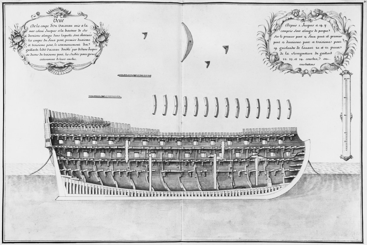 مقطع عرضي لسفينة تم إطلاقها ، توضيح من "أطلس دي كولبير" ، اللوحة 31 (قلم رصاص ومرحاض على ورق) بواسطة المدرسة الفرنسية