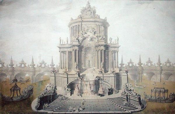 تصميم الديكور للاحتفال بزواج دوفين لويس الفرنسي (1729-65) 1745 (مرحاض وغواش على ورق) بواسطة المدرسة الفرنسية