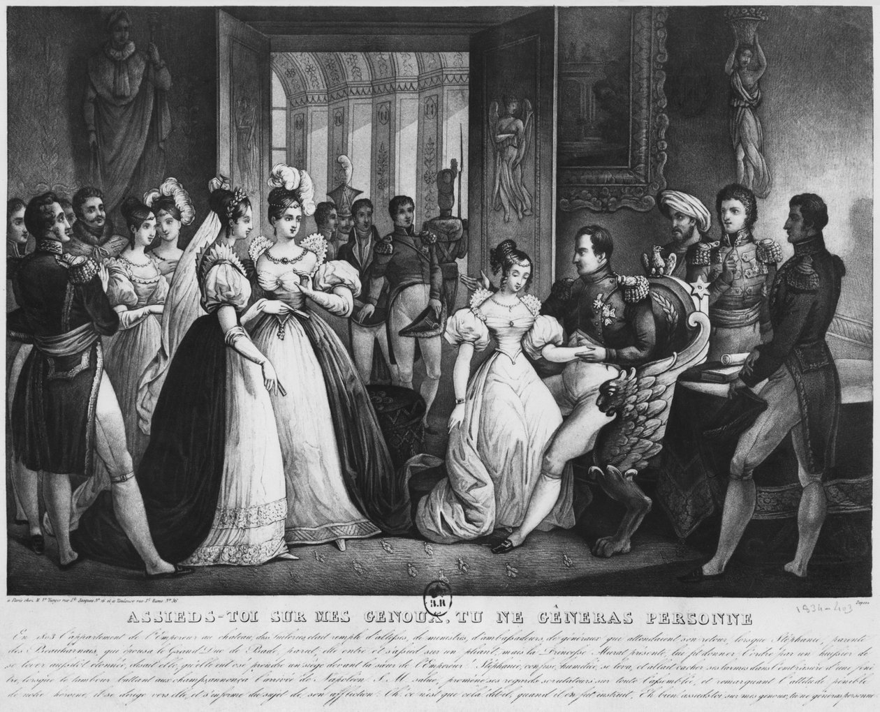 "اجلس على ركبتي ، لن يزعجك أحد" أو مشهد المحكمة ، 1803 (النقش) (صورة من وزن الجسم) بواسطة المدرسة الفرنسية
