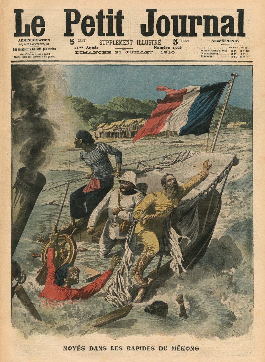 الغرق في منحدرات نهر ميكونغ ، رسم توضيحي من `` Le Petit Journal &39;&39; ، ملحق illustre ، 31 يوليو 1910 بواسطة المدرسة الفرنسية