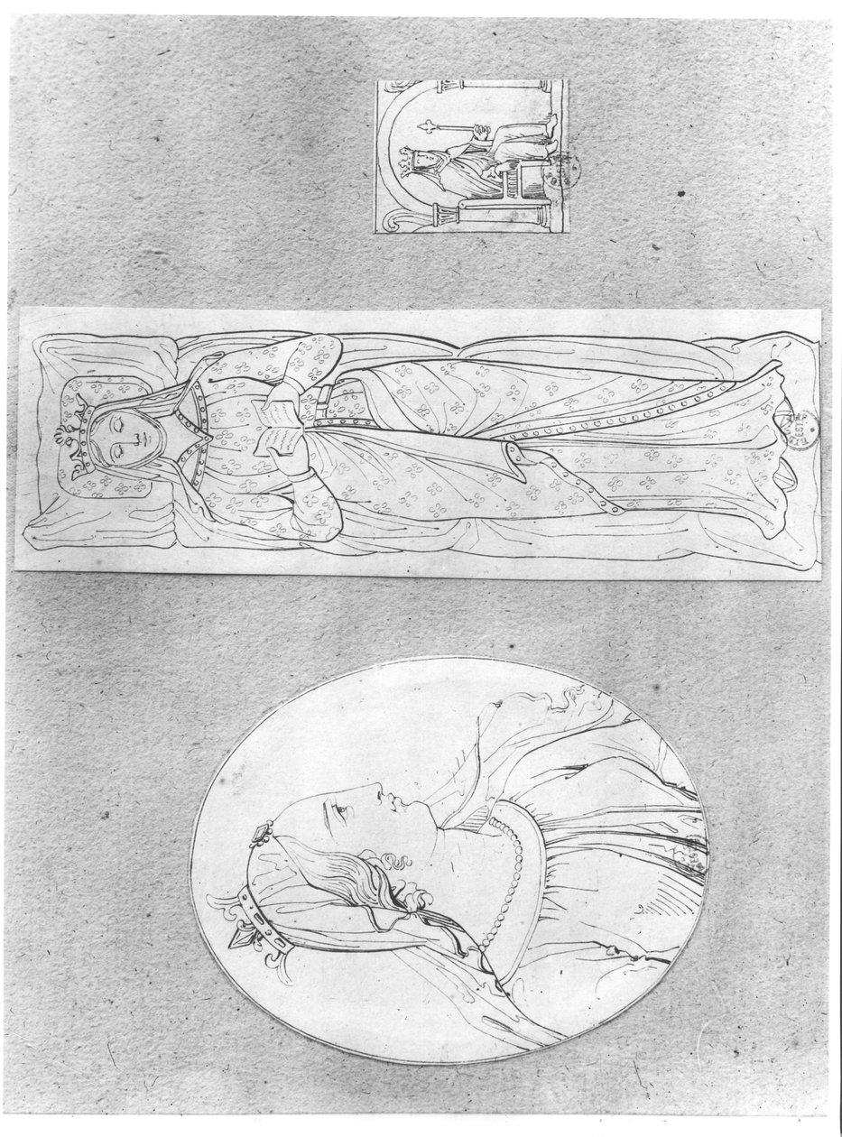 Eleanor of Aquitaine (c.1122-1204): صورة في الملف الشخصي ، مستلقي ، وعلى عرشها (انظر أيضًا 155489 و 158140) بواسطة المدرسة الفرنسية