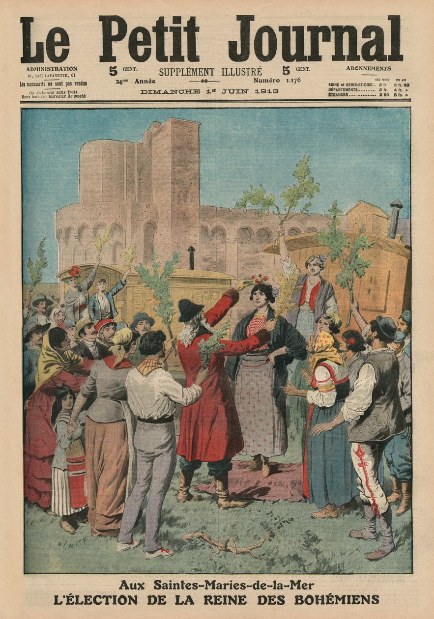 انتخاب ملكة البوهيميين ، Sainte-Maries-de-la-Mer ، رسم توضيحي للغلاف الأمامي من "Le Petit Journal" ، ملحق Illustre ، 1 يونيو 1913 بواسطة المدرسة الفرنسية