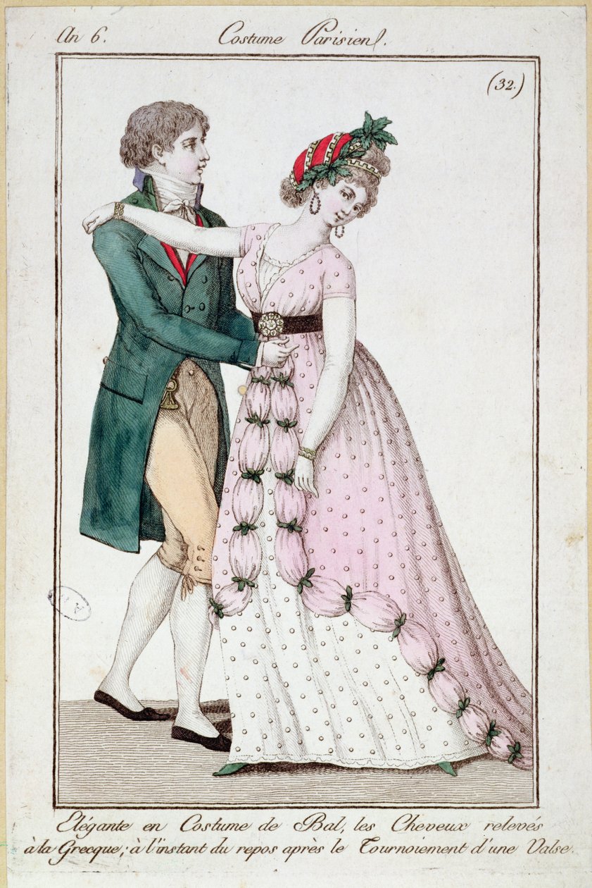 زوجان راقصان يرقصان رقصة الفالس ، من &39;Costume Parisien&39; ، 1798 بواسطة المدرسة الفرنسية