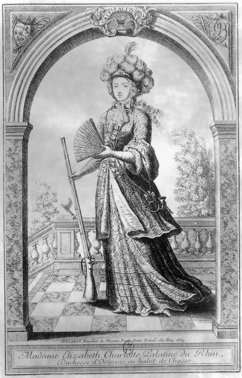 إليزابيث شارلوت من بالاتينات ، دوقة أورليانز ، في زي الصيد ، 1689 بواسطة المدرسة الفرنسية