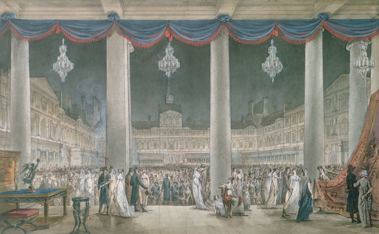 معرض منتجات الصناعة في ساحة اللوفر عام 1801 (gouache und wc on paper) بواسطة المدرسة الفرنسية