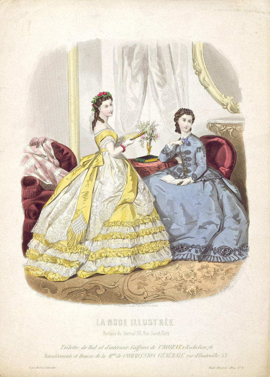 لوحة أزياء تُظهر قمصان حفلات ، صورة توضيحية من "La Mode Illustree" ، 1864 بواسطة المدرسة الفرنسية