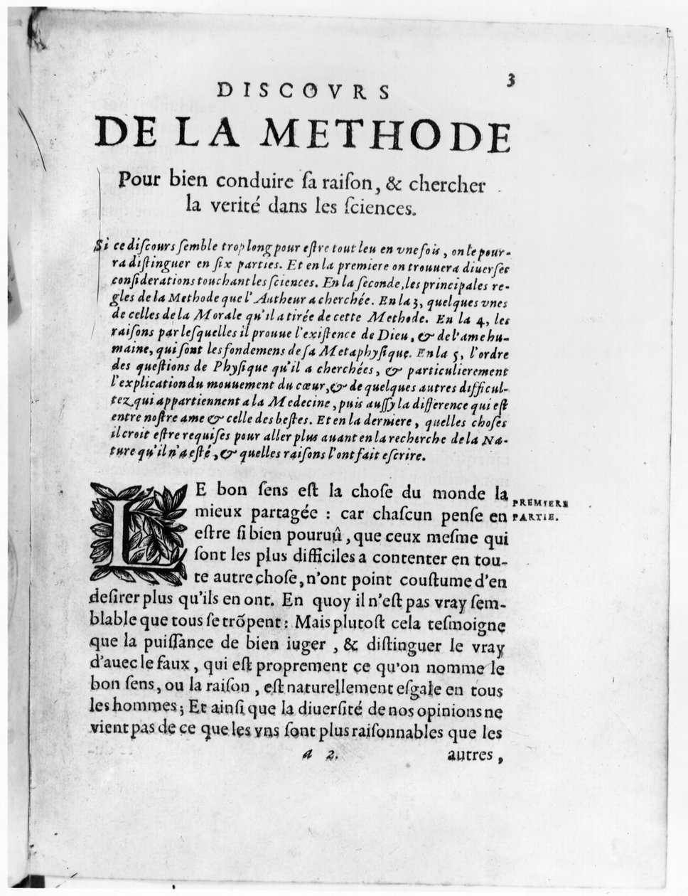 الصفحة الأولى من "Discours de la Methode" بقلم رينيه ديكارت (1596-1650) بواسطة المدرسة الفرنسية