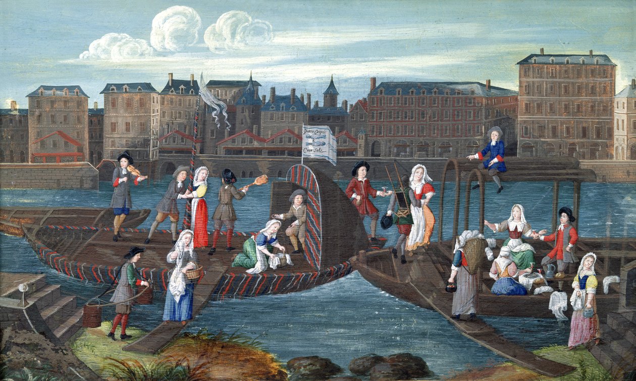 متجر الأسماك وقارب الغسيل في Quai de la Megisserie ، c.1670 بواسطة المدرسة الفرنسية