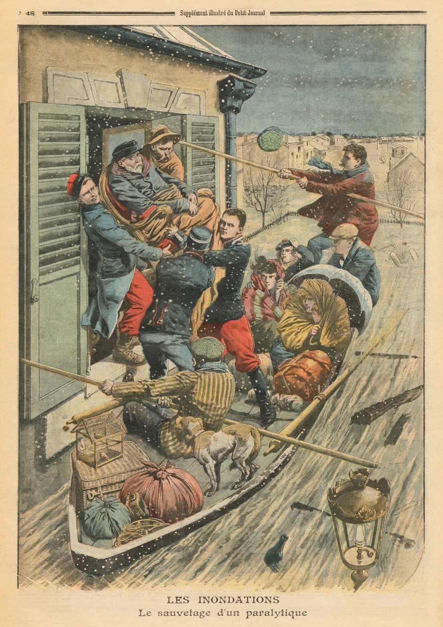 الفيضانات ، إنقاذ شلل ، رسم توضيحي من `` Le Petit Journal &39;&39; ، ملحق Illustre ، 6 فبراير 1910 بواسطة المدرسة الفرنسية