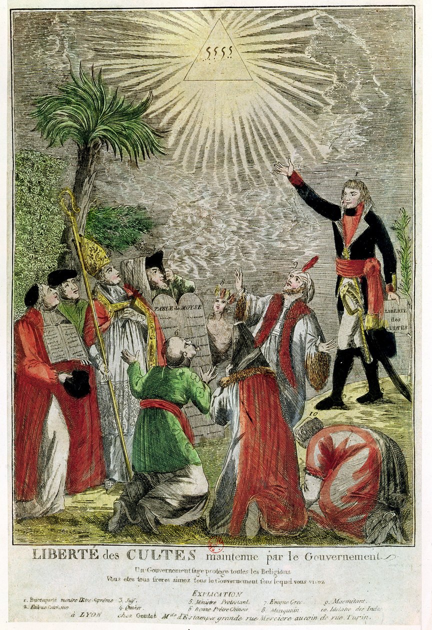 حرية العبادة خلال فترة القناصل نابليون ، تصور نابليون مشيرا إلى الكائن الأسمى ، 1799 (نقش الألوان) بواسطة المدرسة الفرنسية