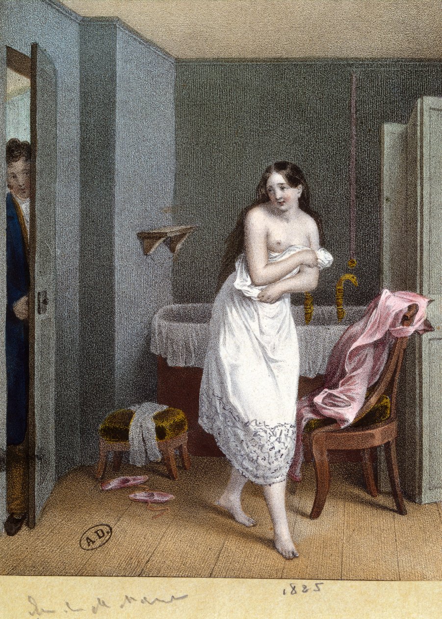 فتاة في الحمام ورجل يفتح الباب ، 1825 بواسطة المدرسة الفرنسية