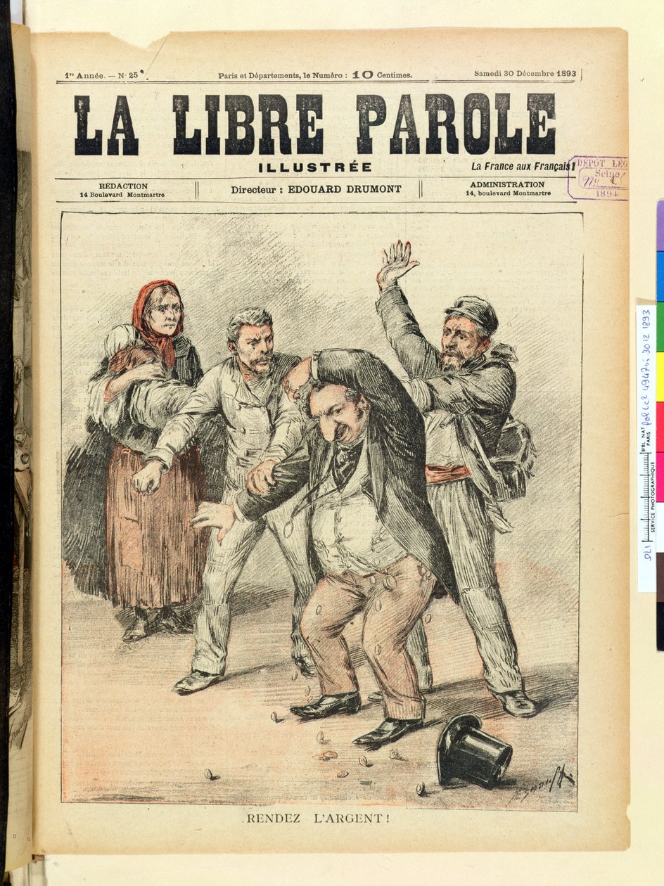 رد الأموال! ، الغلاف الأمامي لمجلة La Libre Parole ، 30 ديسمبر 1893 بواسطة المدرسة الفرنسية