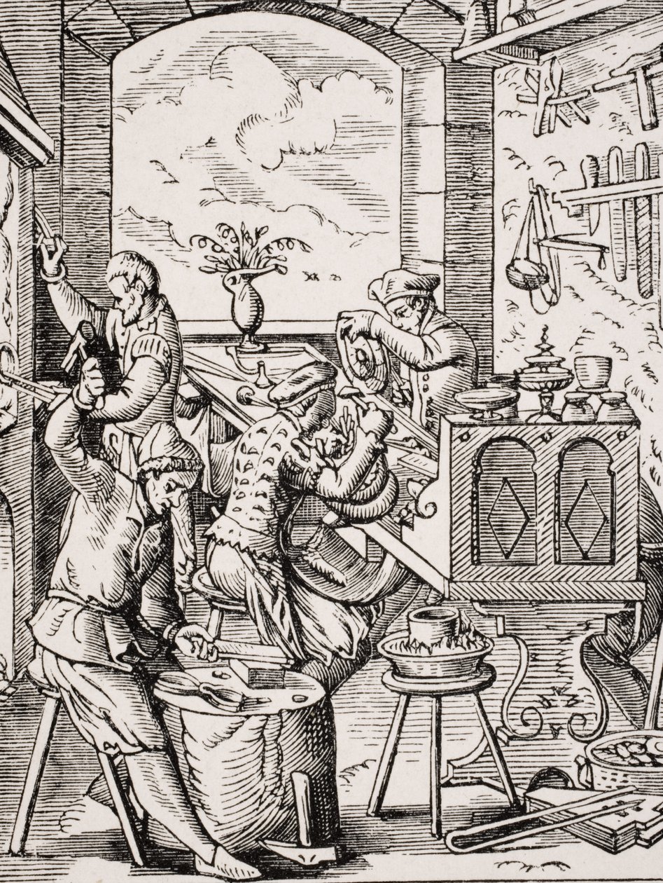 جولدسميث ، استنساخ قطع خشبية لجوست عمان (1539-91) من كتاب "لو موين العمر والنهضة" بقلم بول لاكروا (1806-1884) المنشور عام 1847 بواسطة المدرسة الفرنسية