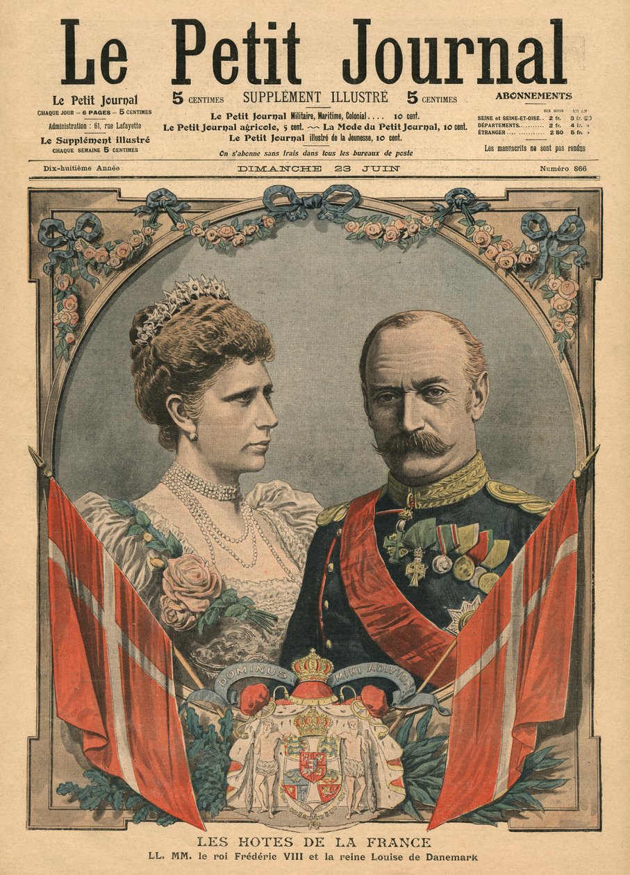 ضيوف فرنسا والملك فريدريك الثامن (1843-1912) والملكة لويز (1851-1926) من الدنمارك ، رسم توضيحي من "لو بيتيت جورنال" ، ملحق إيلوستري ، 23 يونيو 1907 بواسطة المدرسة الفرنسية