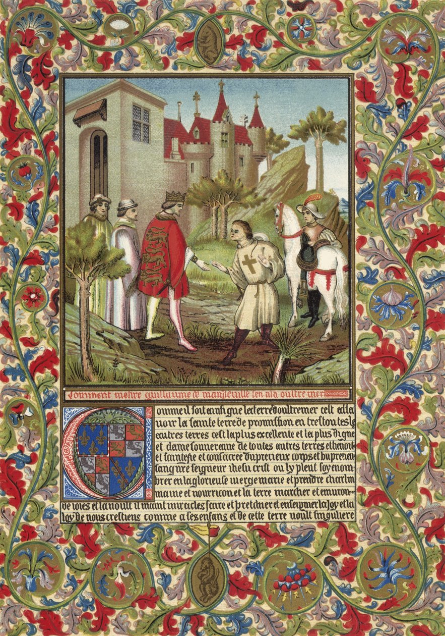 يلتقي غيوم دي ماندفيل ، إيرل إيسيكس الثالث ، بريتشارد قلب الأسد (chromolithograph) بواسطة المدرسة الفرنسية