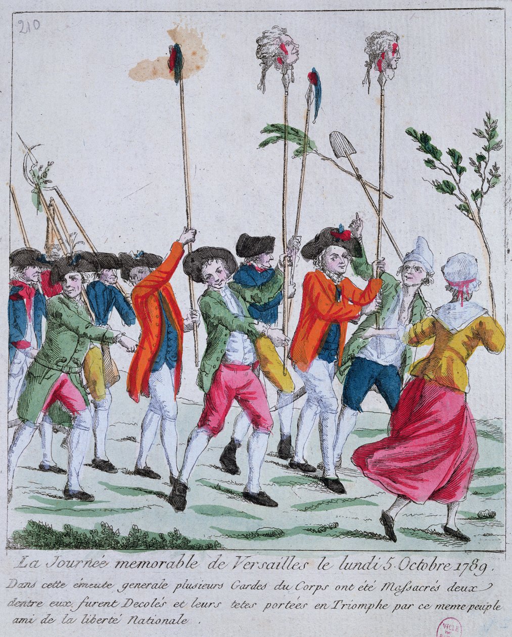 رؤساء اثنين من حراس الملوك الذين قتلوا في 5 أكتوبر 1789 في فرساي على يد الغوغاء الباريسيين يتم نقلهم إلى باريس بواسطة المدرسة الفرنسية