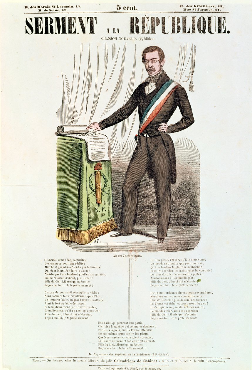 ورقة غنائية مصورة لـ "Serment a la Republique" ، c.1848-52 بواسطة المدرسة الفرنسية
