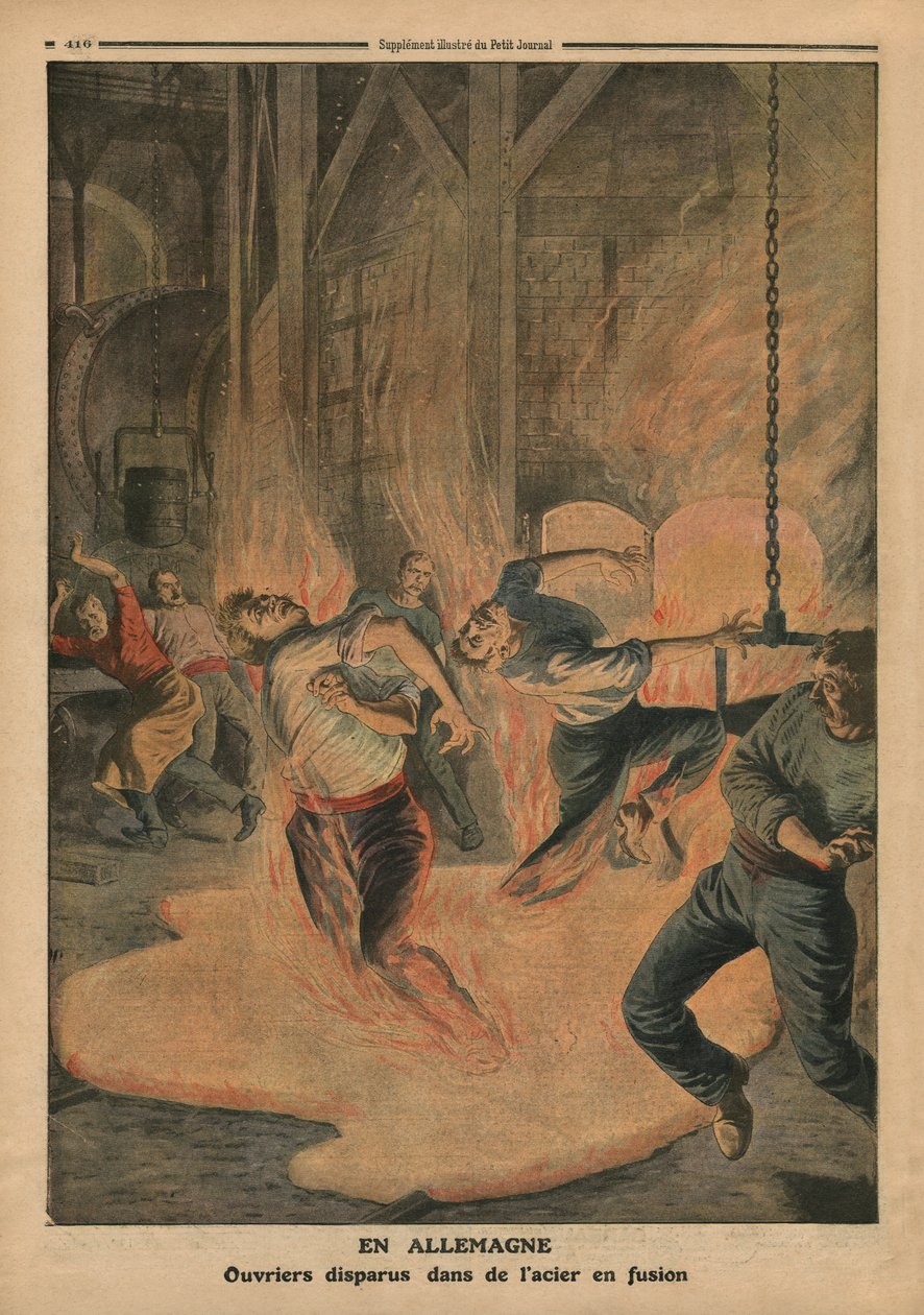 في ألمانيا ، عمال غرقوا في الفولاذ المصهور ، رسم توضيحي من "Le Petit Journal" ، ملحق Illustre ، 25 ديسمبر 1910 بواسطة المدرسة الفرنسية