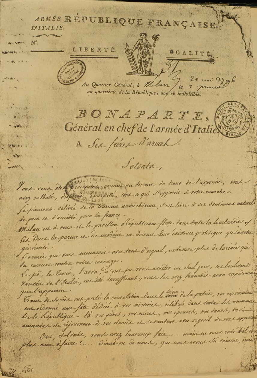 تعليمات للجنود الصادرة عن نابليون كقائد عام للجيش الإيطالي ، 20 مايو 1796 بواسطة المدرسة الفرنسية