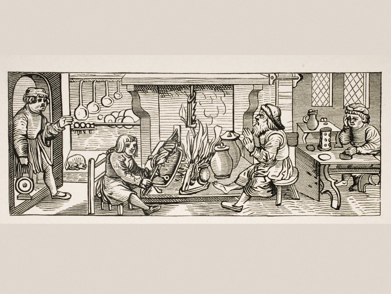 الجزء الداخلي من المطبخ ، بعد قطع خشبية في Calendarium Romanum بواسطة Jean Staeffler ، طبع Tubingen ، ألمانيا ، 1518 ، من Le Moyen Age et La Renaissance by Paul Lacroix (1806-84) تم نشره عام 1847 بواسطة المدرسة الفرنسية