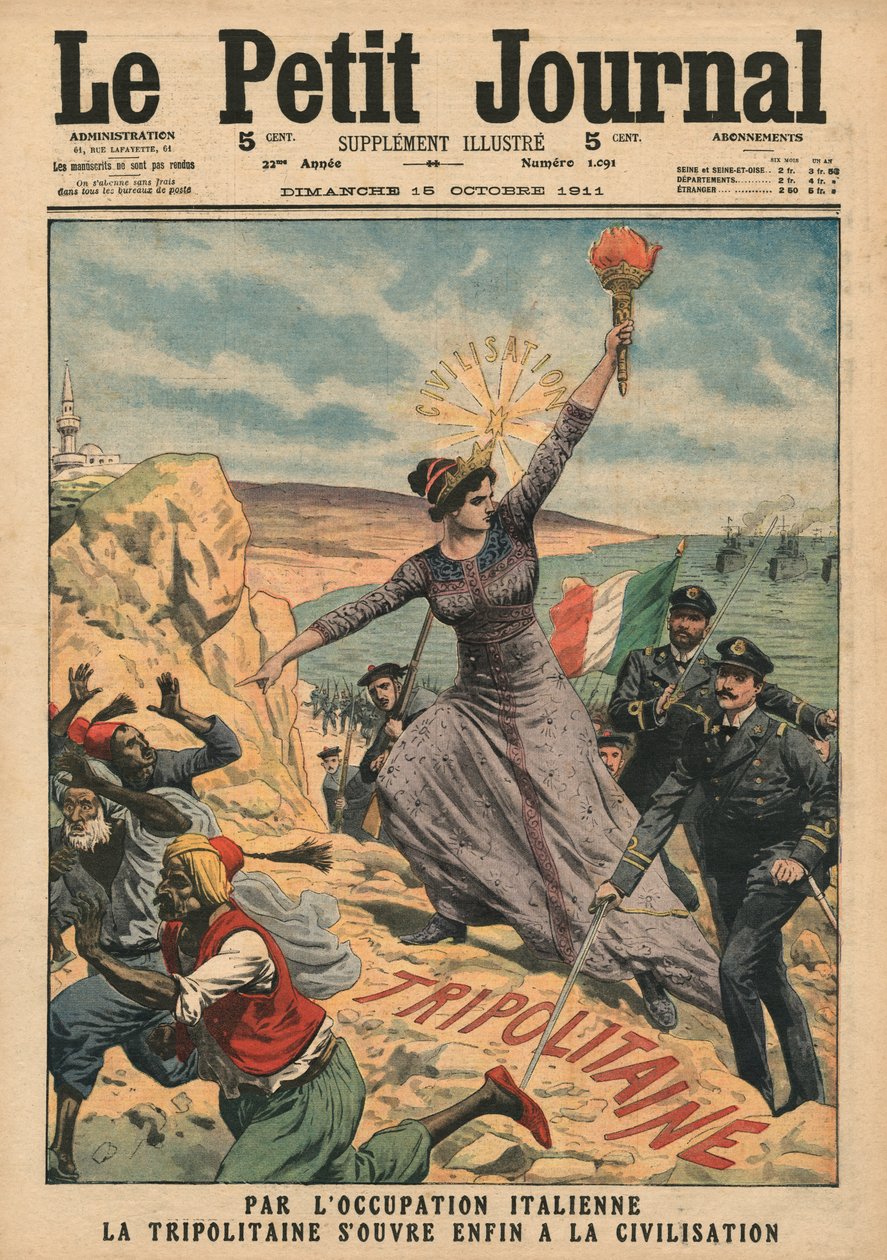 إيطاليا تقدم الحضارة إلى طرابلس ، رسم توضيحي من `` Le Petit Journal &39;&39; ، ملحق illustre ، 15 أكتوبر 1911 بواسطة المدرسة الفرنسية