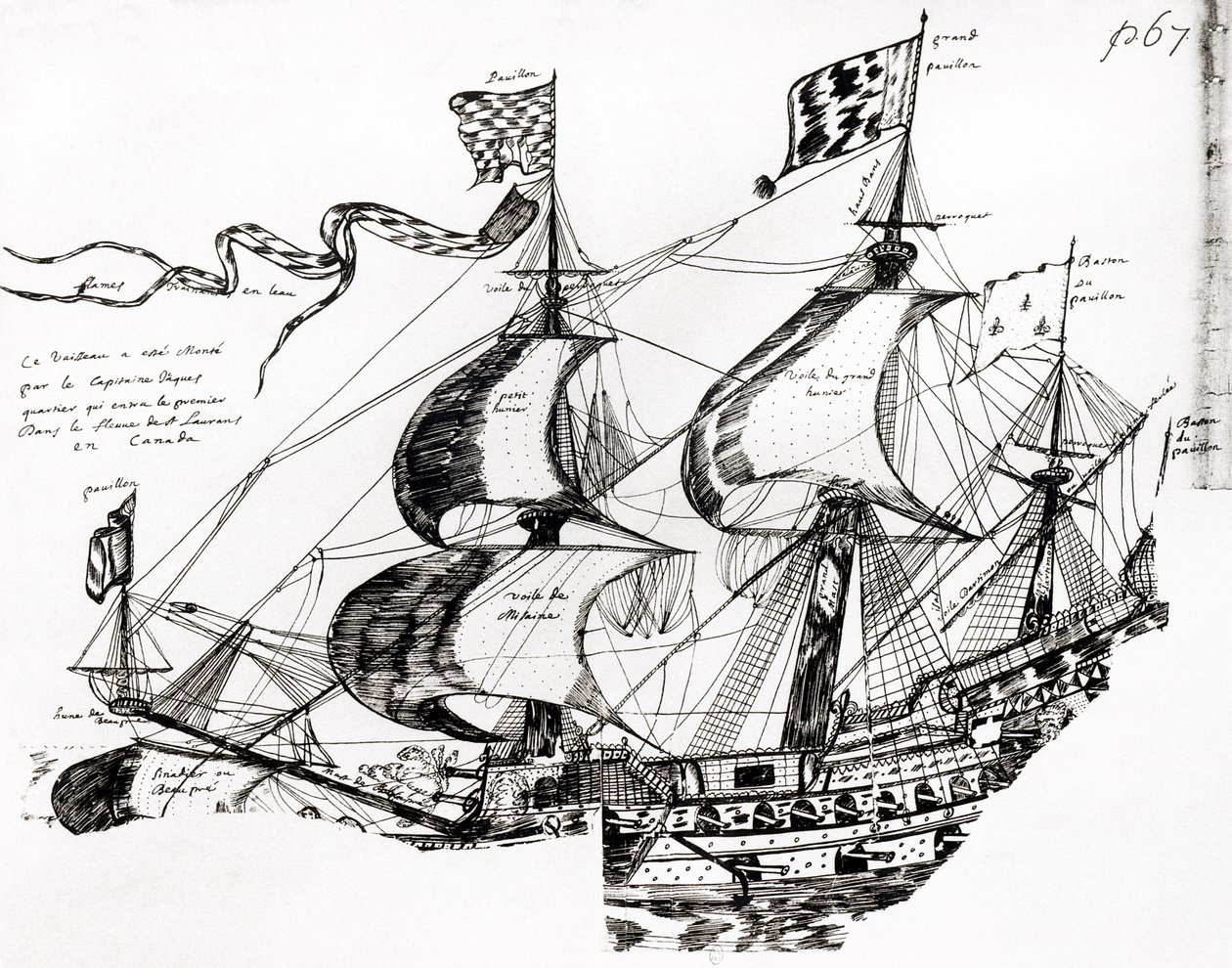 سفينة جاك كارتييه ، من "Rarete des Indes sauvage" ، Codex Canadiensis (قلم وحبر على ورق) بواسطة المدرسة الفرنسية