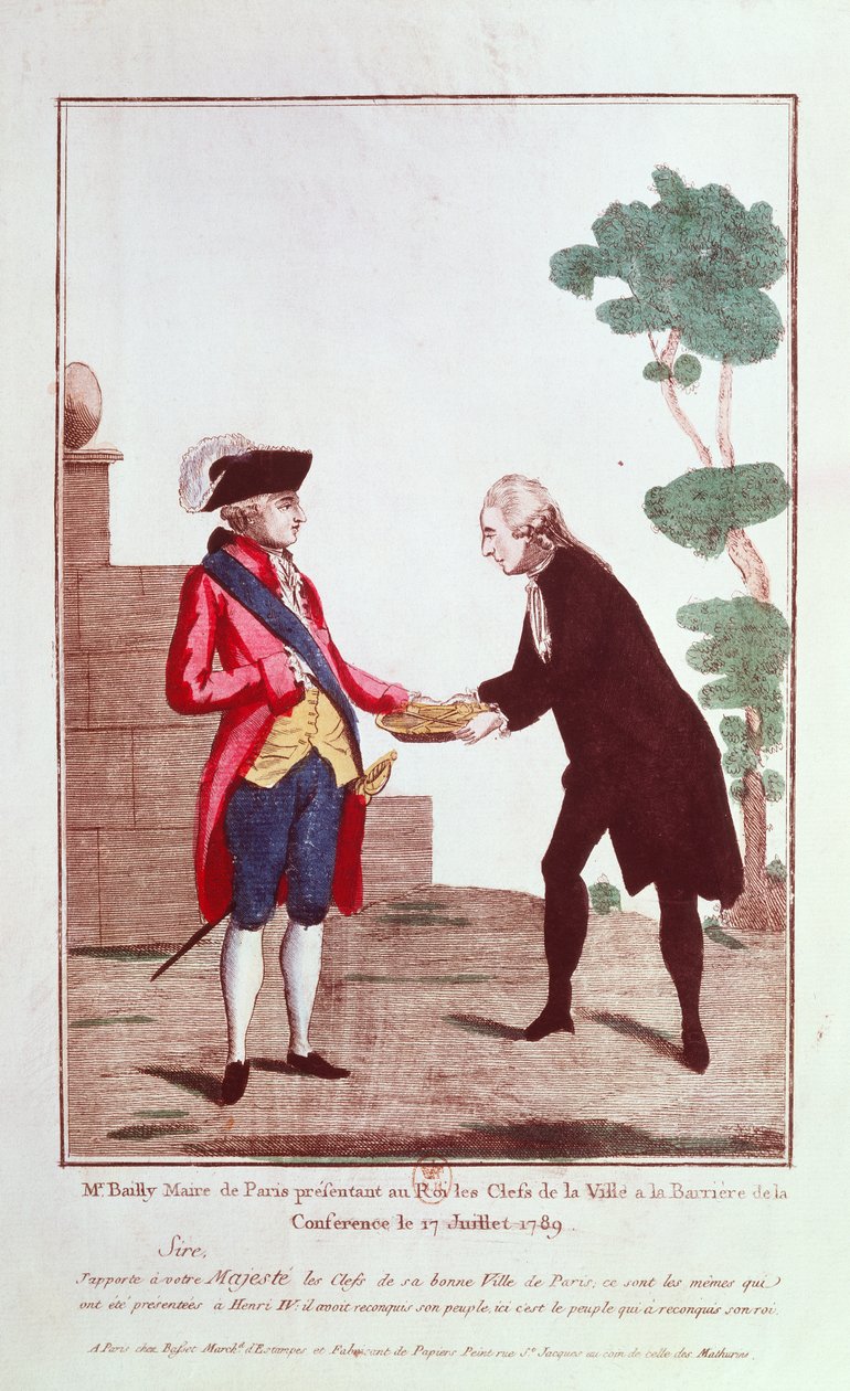 جان سيلفين بايلي (1736-1793) يقدم لويس السادس عشر (1754-93) مع مفاتيح مدينة باريس ، 17 يوليو 1789 بواسطة المدرسة الفرنسية