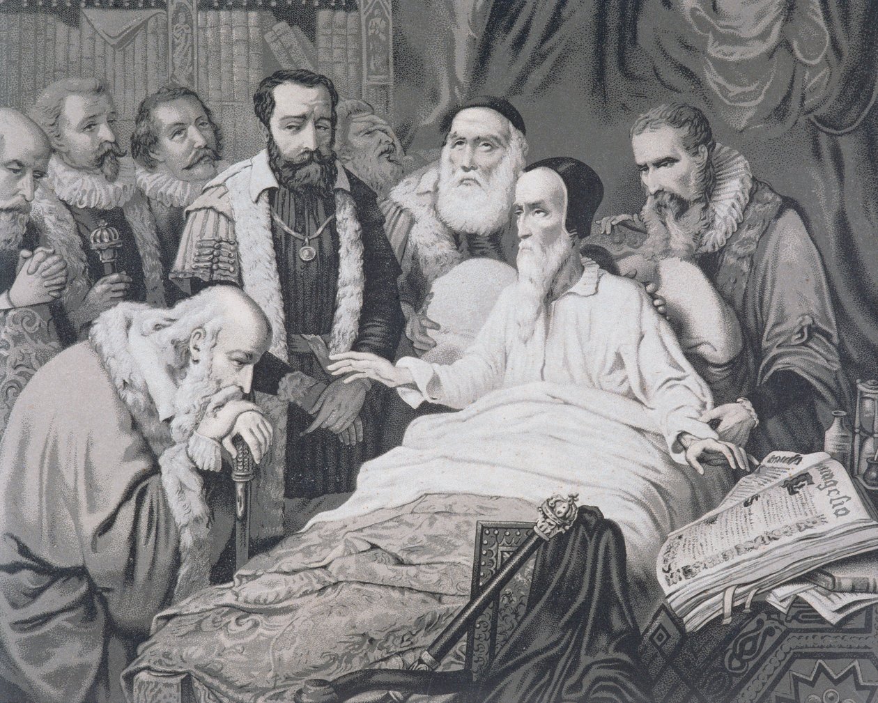 جون كالفن (1509-1564) على فراش موته بواسطة المدرسة الفرنسية