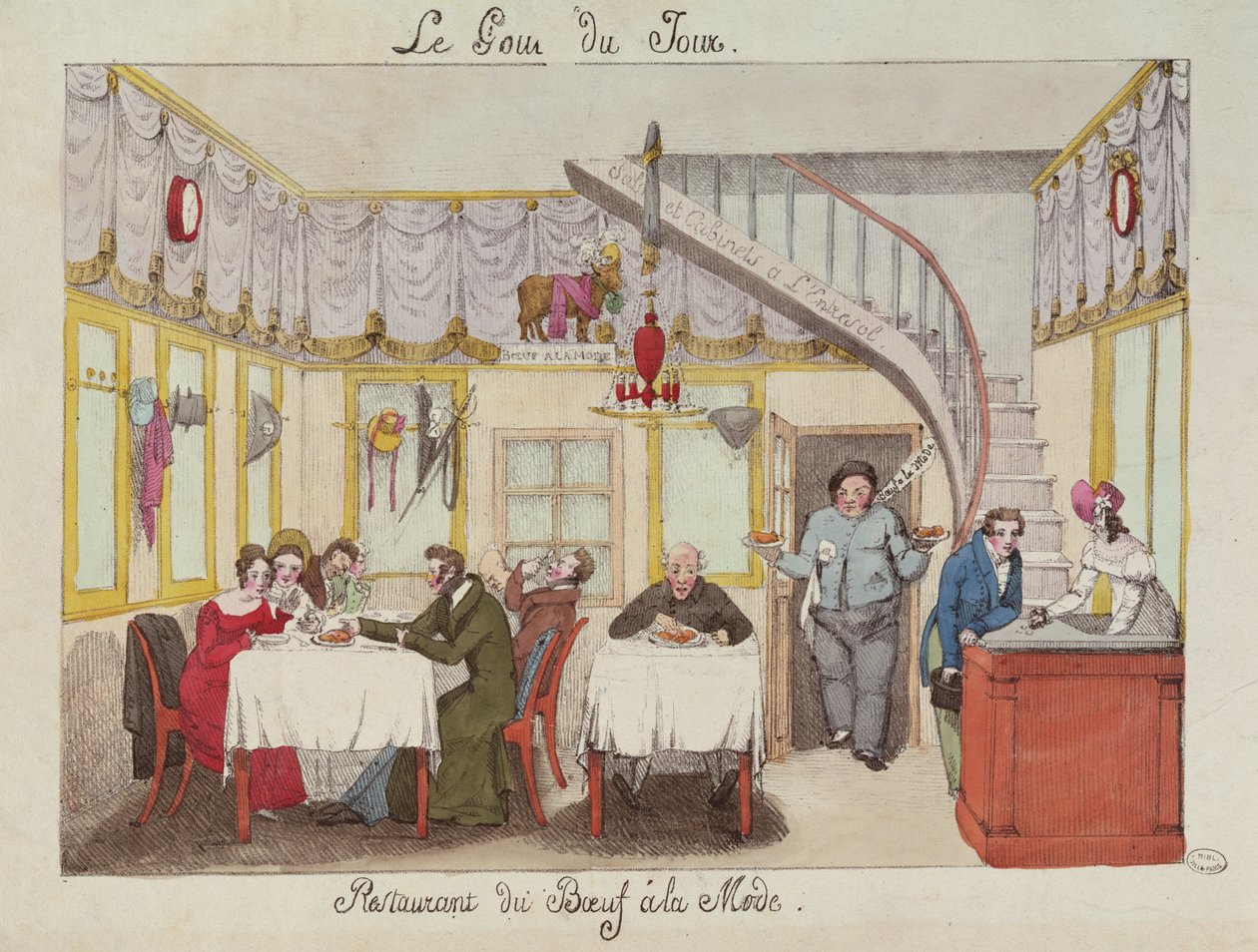 Le Boeuf a la Mode ، شارع فالوا ، باريس ، من Le Gout du Jour ، c.1830 (انظر أيضًا 167981) بواسطة المدرسة الفرنسية