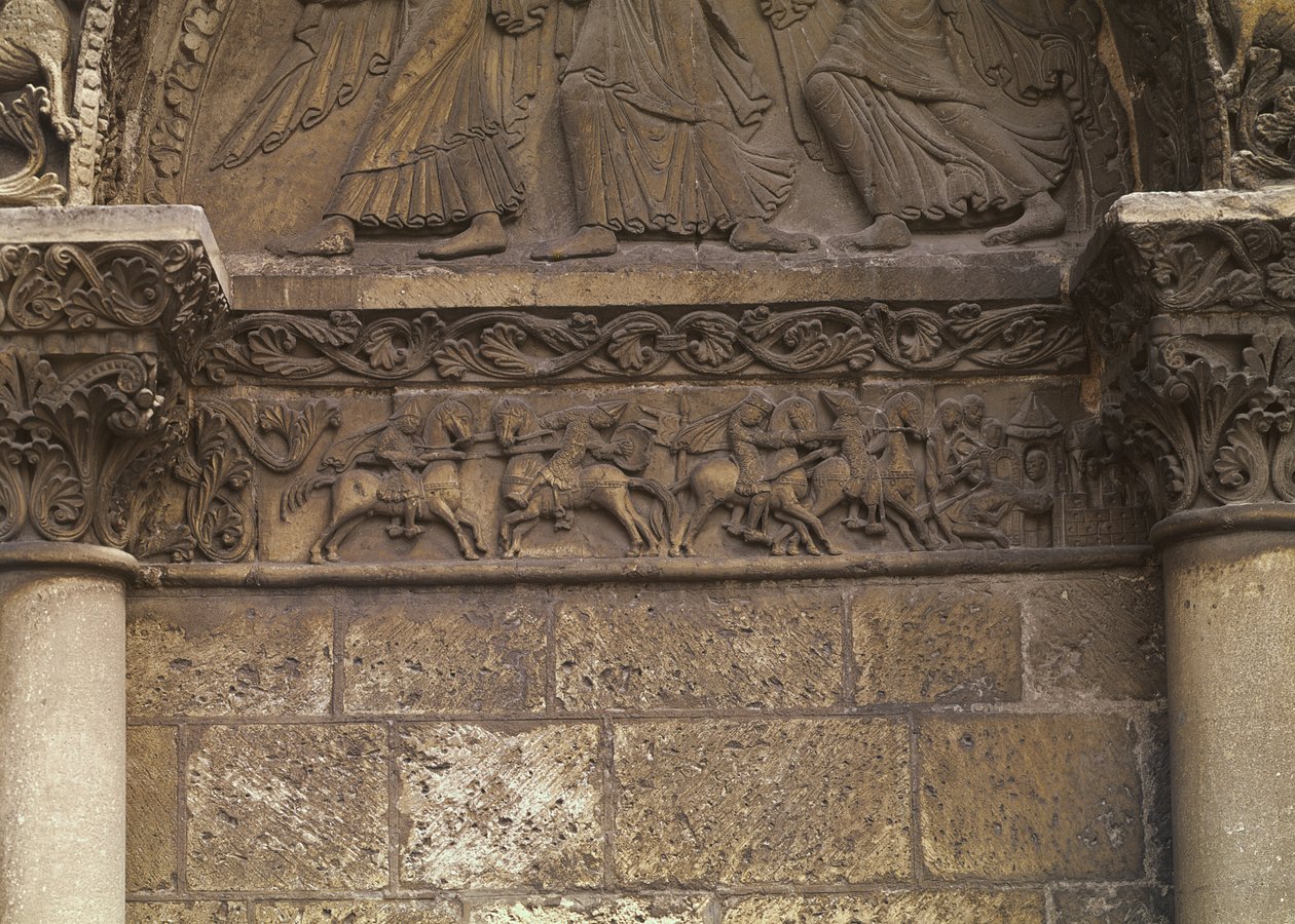 تفاصيل العتب على الواجهة الغربية التي تصور مشاهد مستوحاة من La Chanson de Roland ، c.1125-35 بواسطة المدرسة الفرنسية
