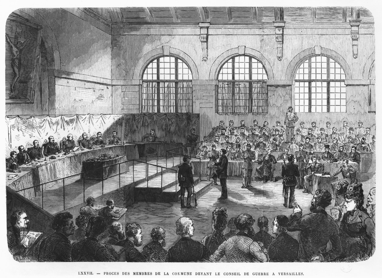 يتم محاكمة أعضاء الكومونة أمام محكمة عسكرية في فرساي ، 1872 بواسطة المدرسة الفرنسية