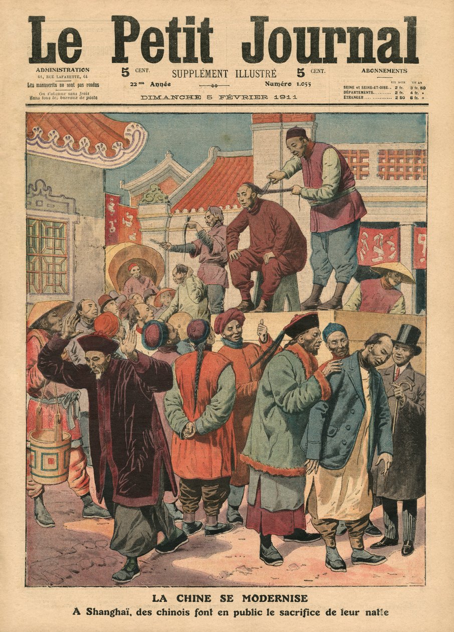 تحديث الصين ، الصينيون الذين قطعوا ضفيرة شعرهم في شنغهاي ، توضيح من `` Le Petit Journal &39;&39; ، ملحق Illustre ، 5 فبراير 1911 بواسطة المدرسة الفرنسية