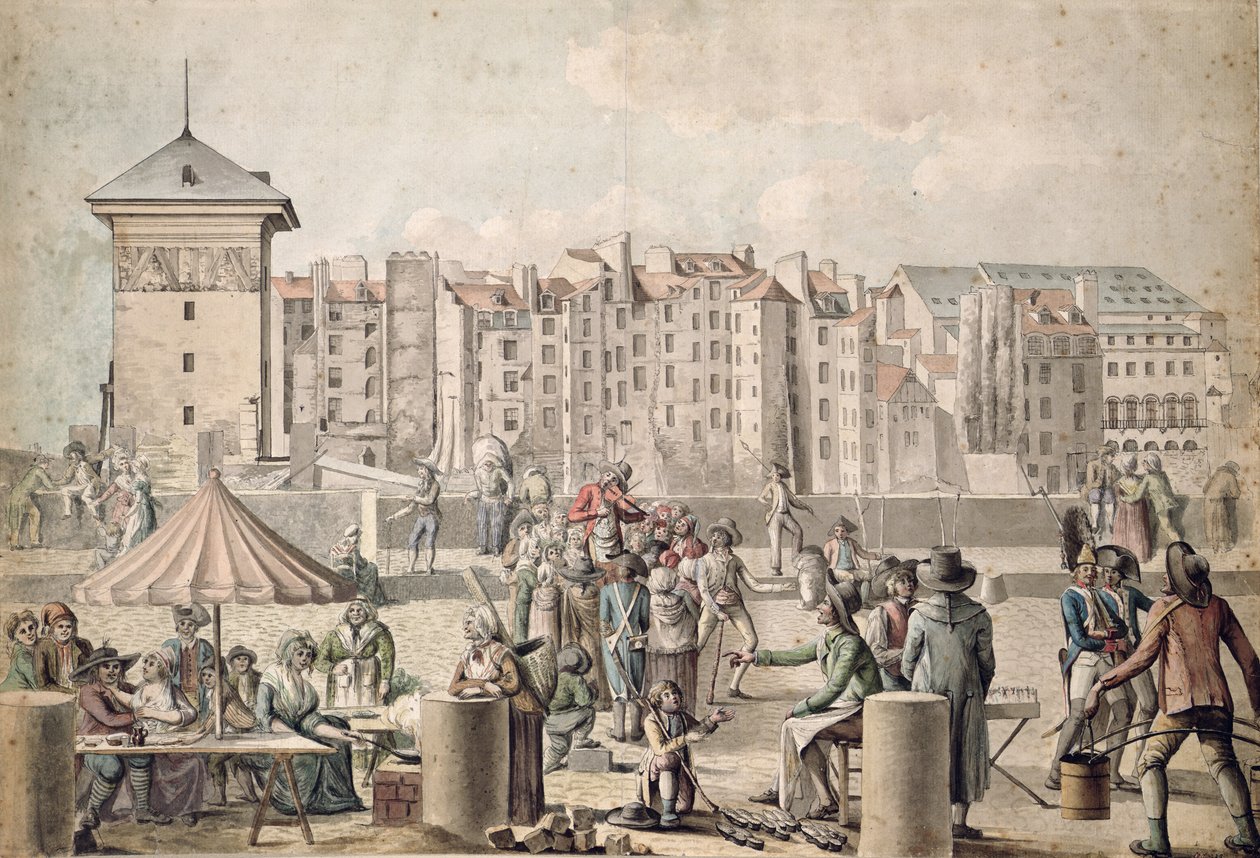 البنوك الجبلية والمتنزهون في Pont au Change ، باريس c.1790 بواسطة المدرسة الفرنسية
