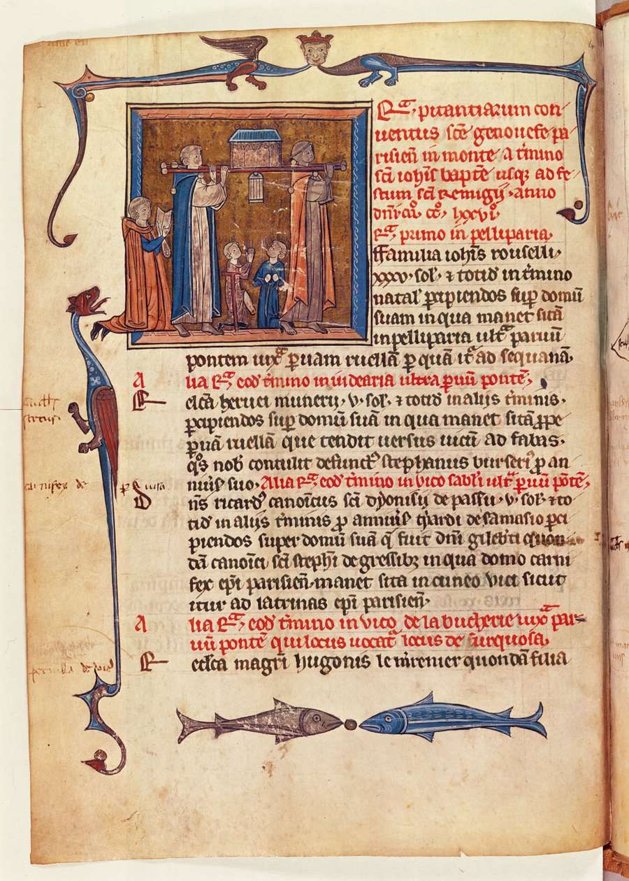 السيدة 16261 fol.13v موكب بقايا القديس جينيفيف عبر شوارع باريس ، من Censier de lAbbaye Sainte-Genevieve بواسطة المدرسة الفرنسية