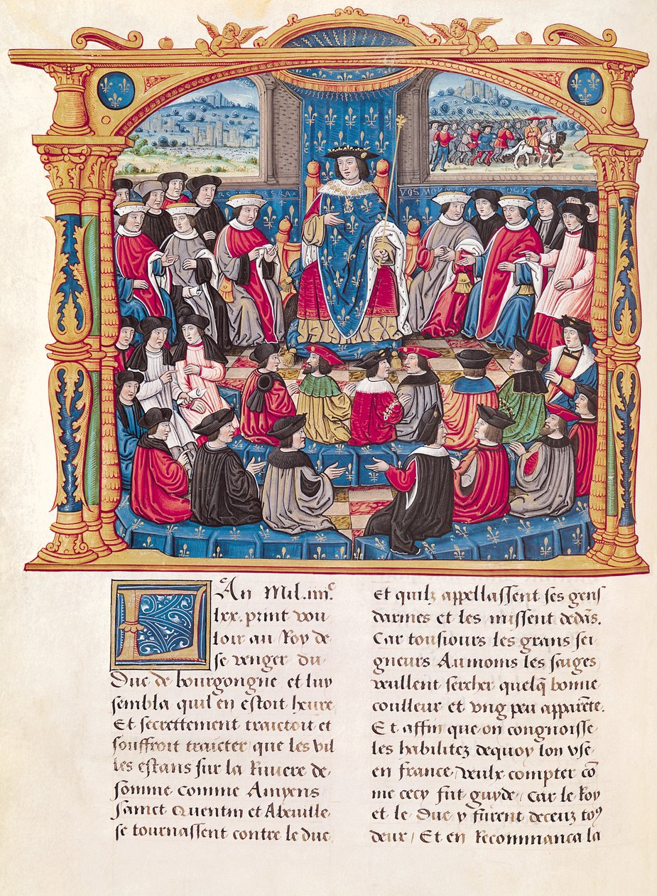 السيدة 18 Fol.66v لويس الحادي عشر تبدأ الحرب ضد دوق بورغوندي ، دوق بورغوندي ، شارل لو تميرير (1445-1509) بواسطة المدرسة الفرنسية