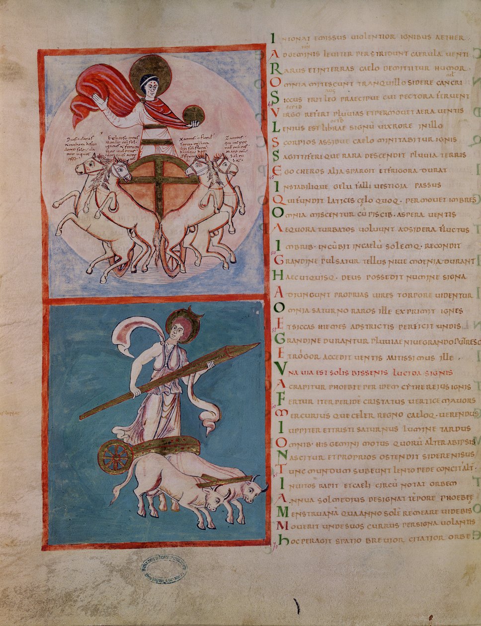 السيدة 188 Fol.32v Apollo مثل الشمس و Diana مثل القمر ، توضيح من "Les Phenomenes" بواسطة Aratos (c.315-240 قبل الميلاد) c.1000 بواسطة المدرسة الفرنسية