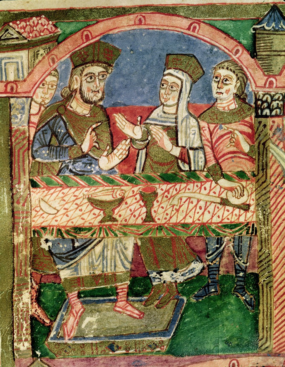 السيدة 250 f.24r St. Radegund (518-87) على طاولة Clothar I (497-561) من حياة St. Radegund (تفاصيل 173477) بواسطة المدرسة الفرنسية