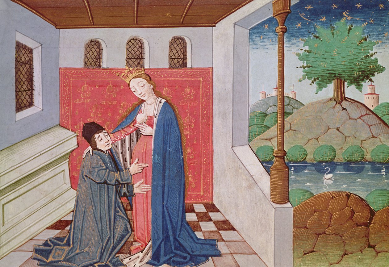 Ms 3045 fol.40v حوار بين Boethius والفلسفة ، من "Consolation de la Philosophie" ، ترجمة جان دي ميونج بواسطة المدرسة الفرنسية