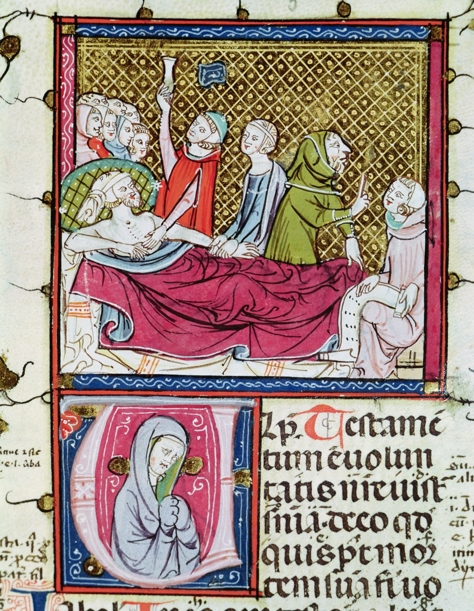 السيدة 3076 fol.56r رجل ميت محاطًا بالأطباء والأسرة ، يملي إرادته من "Justiniani in Fortiatum" بواسطة المدرسة الفرنسية