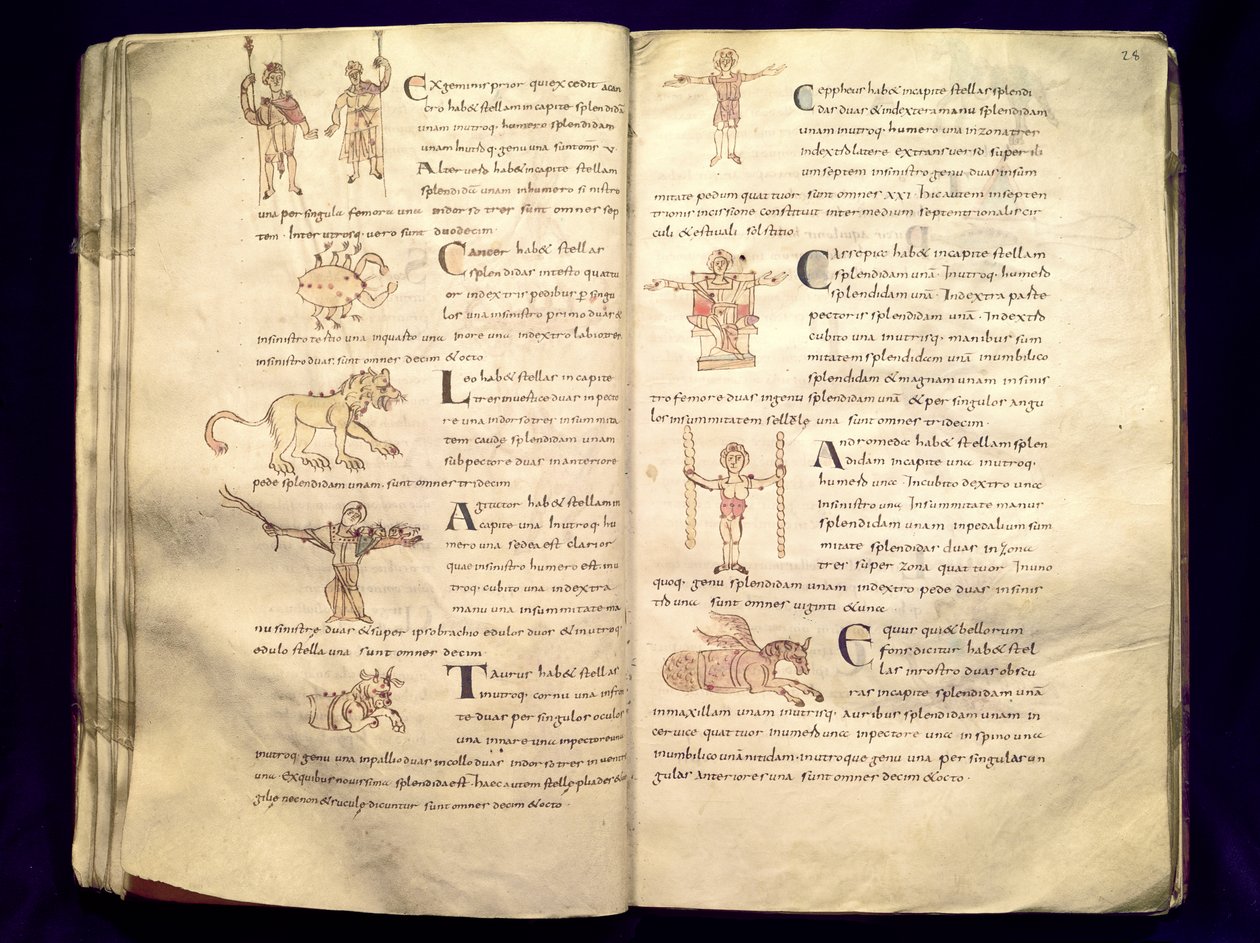 السيدة 422 Fol.27v und 28r مسار القمر عبر الأبراج ، من "De Natura Rerum" بواسطة Isidore of Seville بواسطة المدرسة الفرنسية