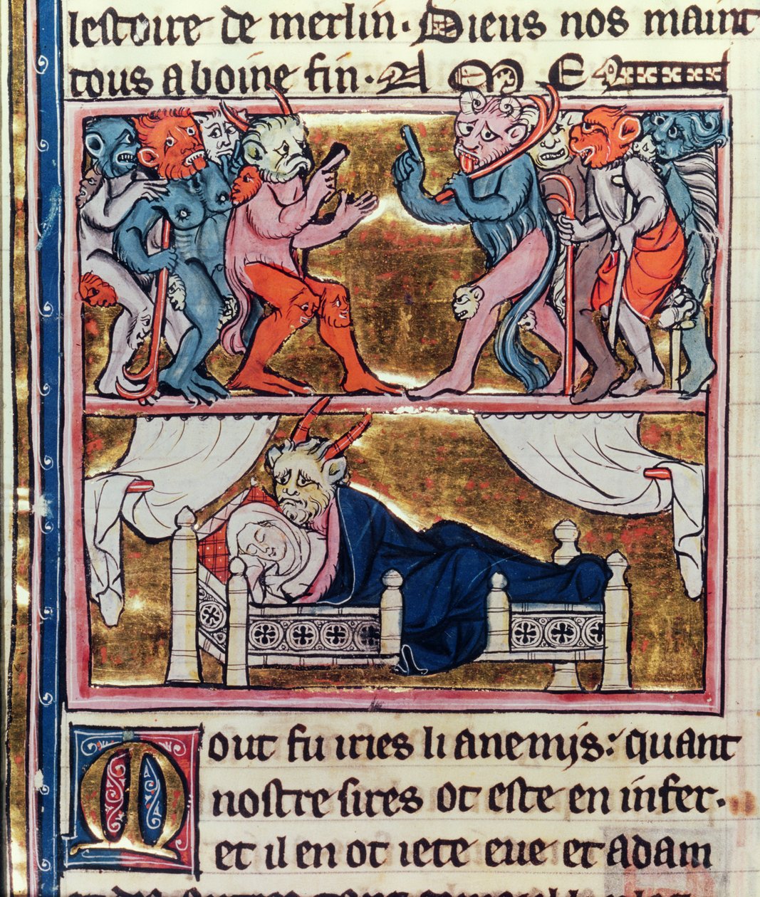 السيدة ف. 95 ص. 113v مجلس الشياطين ، من "تاريخ دي ميرلين" ، c.1280-90 بواسطة المدرسة الفرنسية