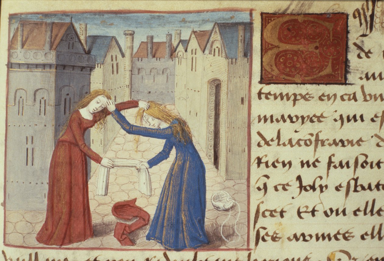 السيدة Hunter 252 f.186r امرأتان تقاتلان ، من Les Cent Nouvelles Nouvelles ، 1462 بواسطة المدرسة الفرنسية