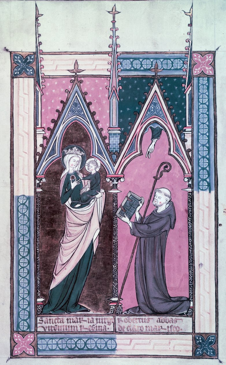 MS.174 fol.2T يقدم الاباتي روبرت من كليرمارايس نسخته من "العذراء الكبرى مريم" لريتشارد دي سان لوران إلى سيدة كليرمارايس بواسطة المدرسة الفرنسية
